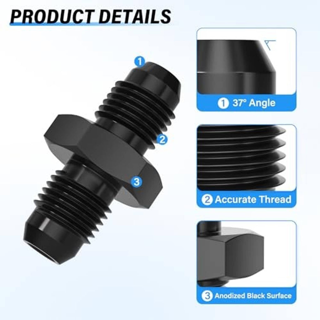 Black aluminum straight male-to-male AN pipe adapter detail view of threads and angled end