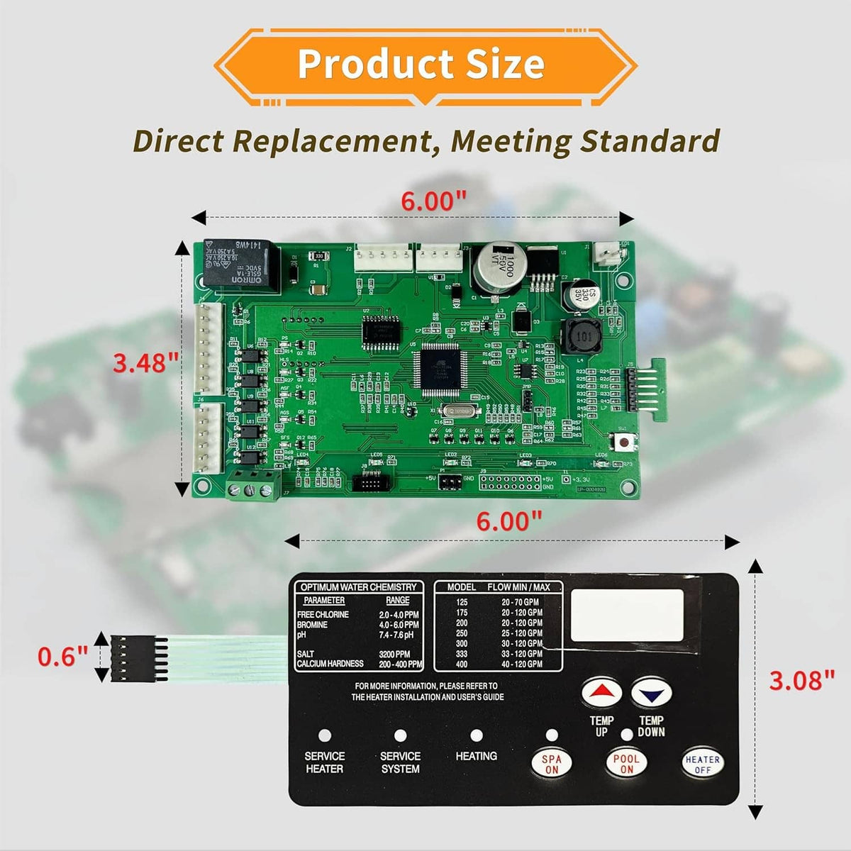 Pentair control board kit with green circuit board and black membrane control panel