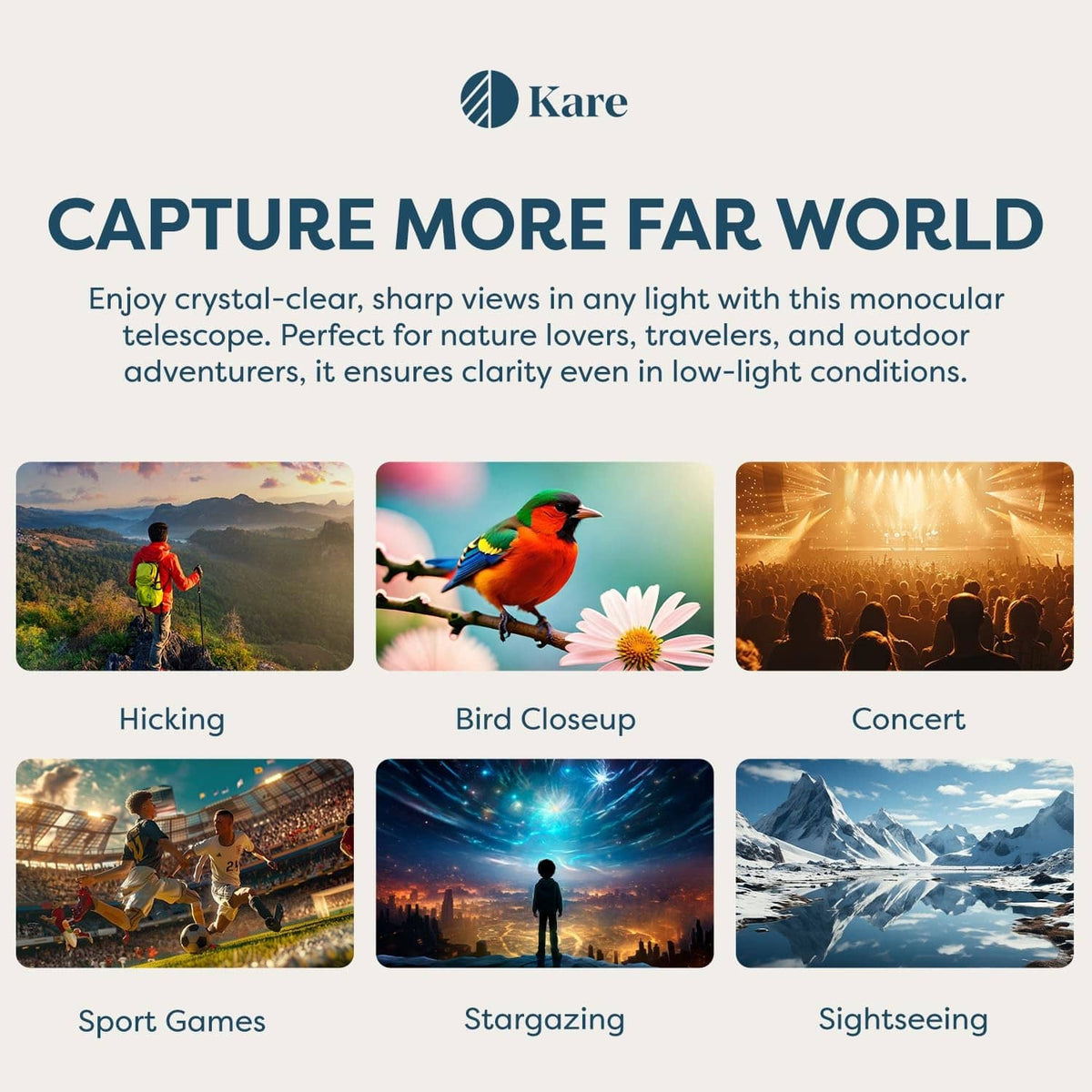 Monocular telescope promo panel with outdoor activity thumbnails: Hiking, Bird, Concert