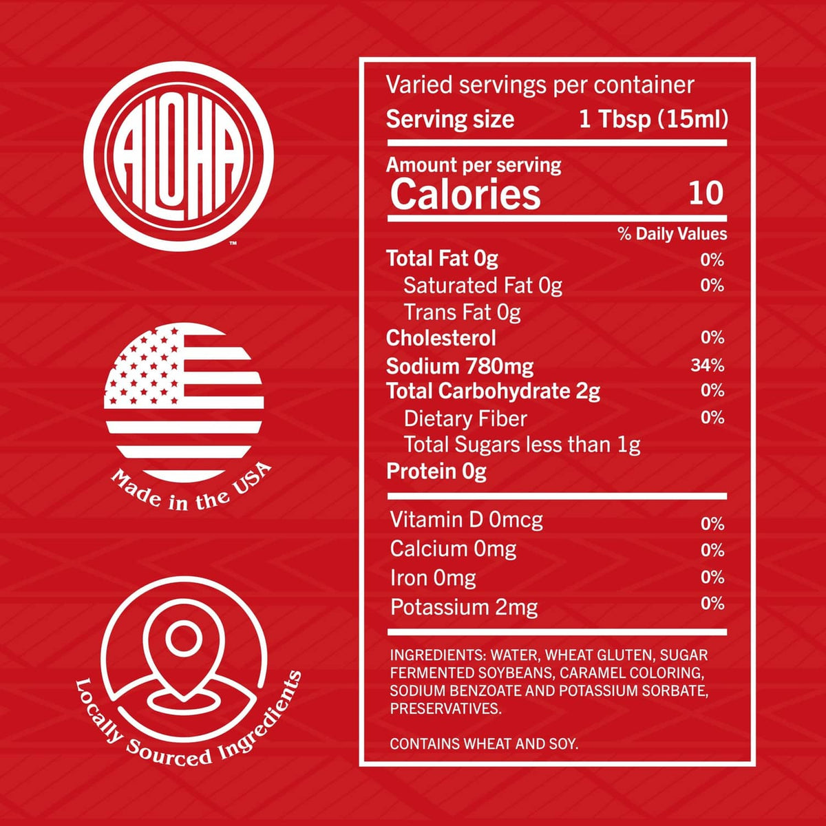Aloha soy sauce bottle back label with nutrition facts panel