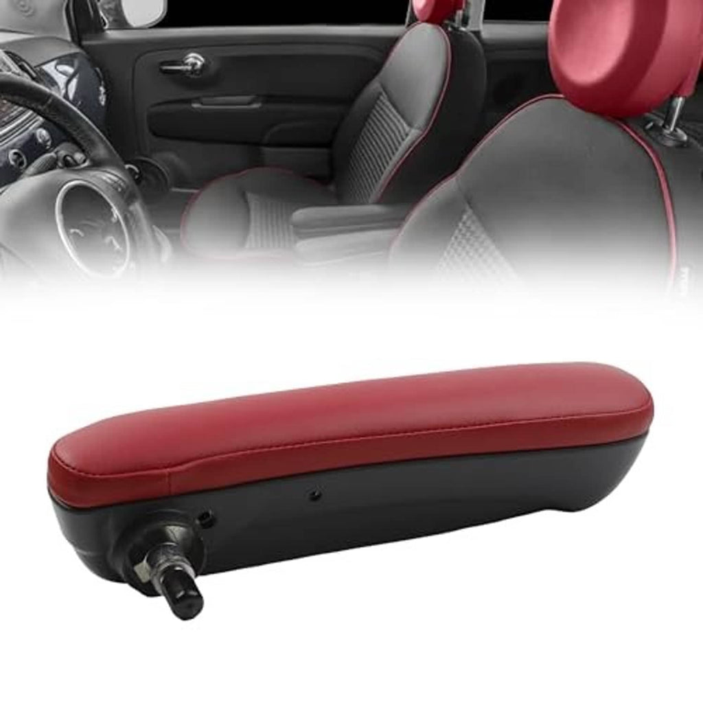Red front seat armrest with black base and mounting post, curved padded top