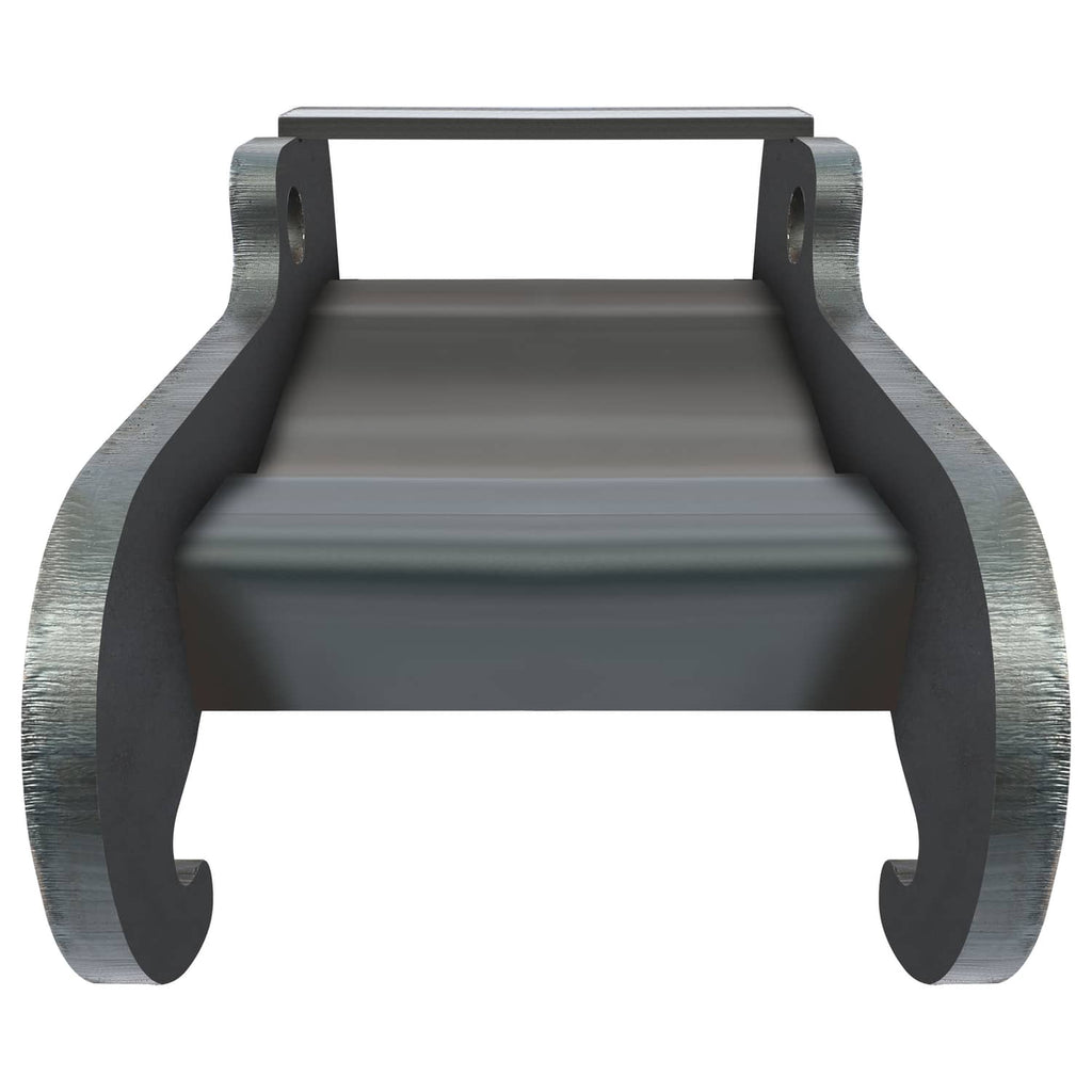 Front view of dark gray excavator coupler bracket, U-shaped open center and curved end prongs