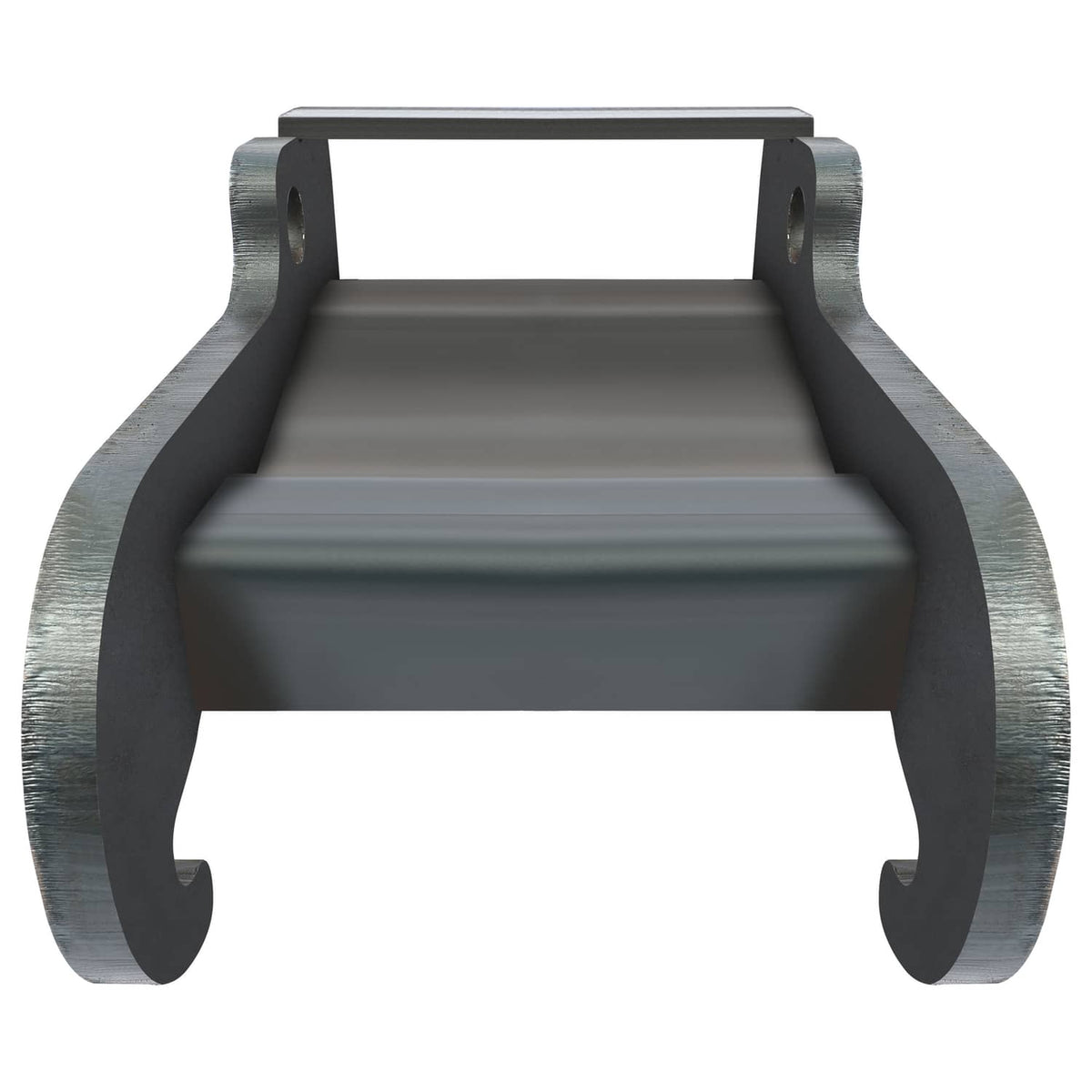 Front view of dark gray excavator coupler bracket, U-shaped open center and curved end prongs