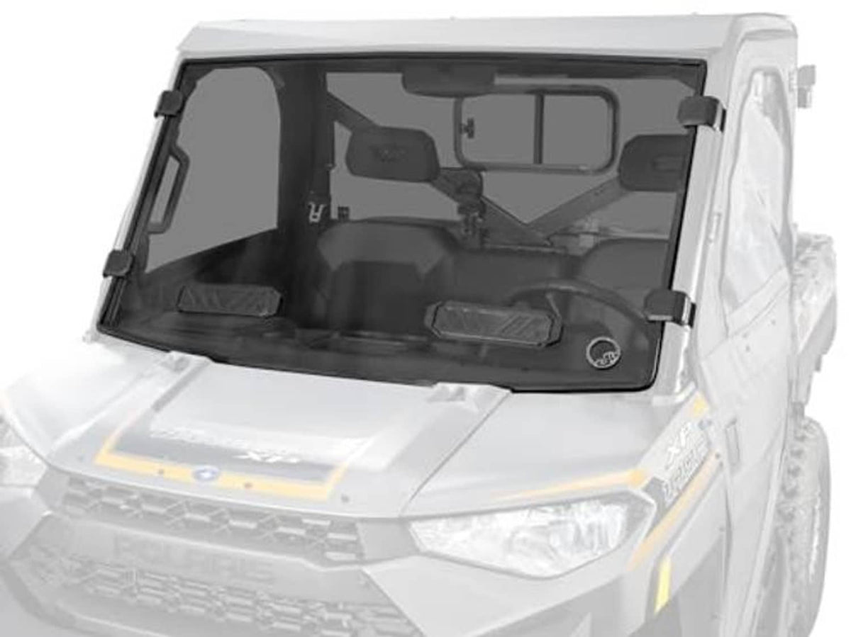 Dark-tinted full windshield panel with latch mounts on the Polaris Ranger 1000 cab