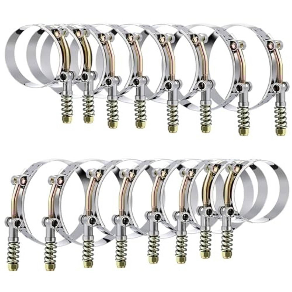 16-pack T-bolt hose clamps with reinforcement springs, chrome band, angled view