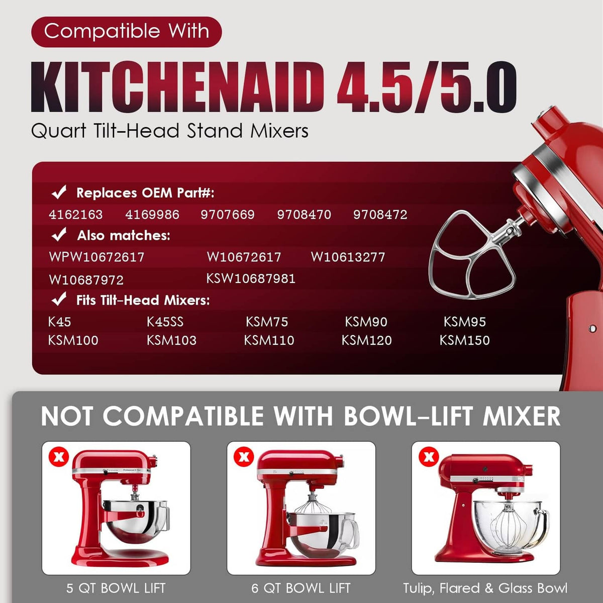 Stainless steel flat beater attachment on red tilt-head stand mixer