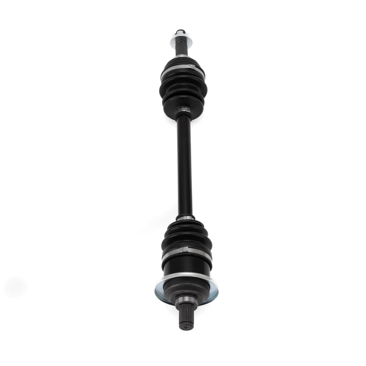 Single CV joint axle with black rubber boot and metal hub at one end