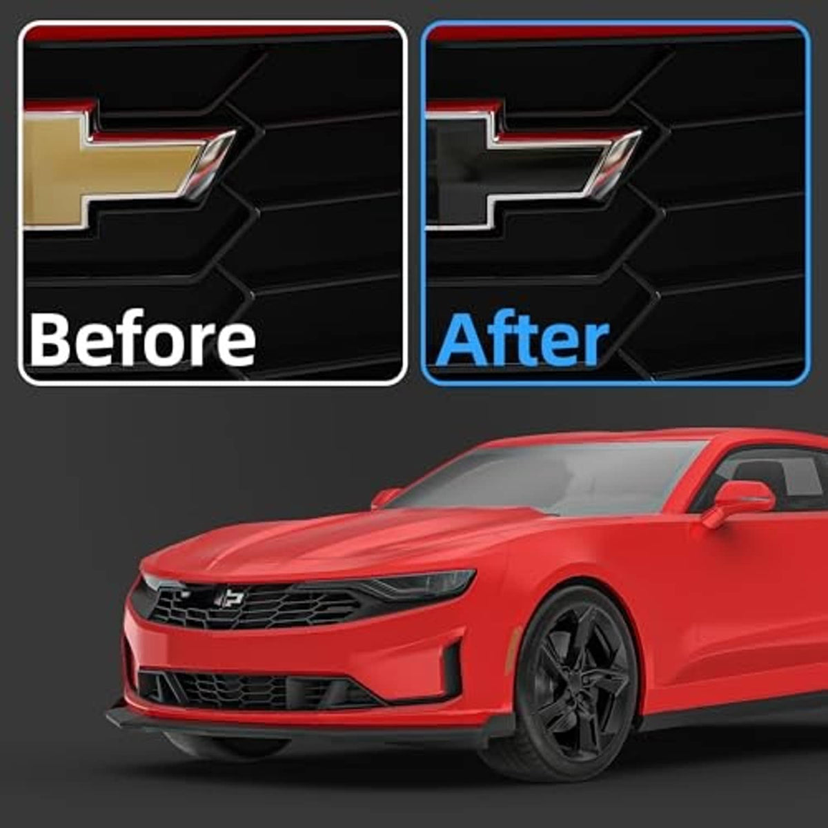 Glossy black vinyl overlay for Chevy bowtie emblem on front grille, before vs after view.