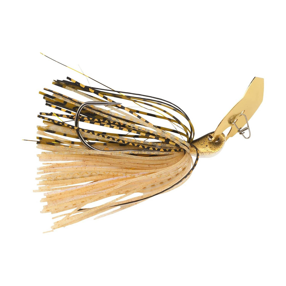 Bladed jig lure with tan and black striped skirt and curved hook with gold blade