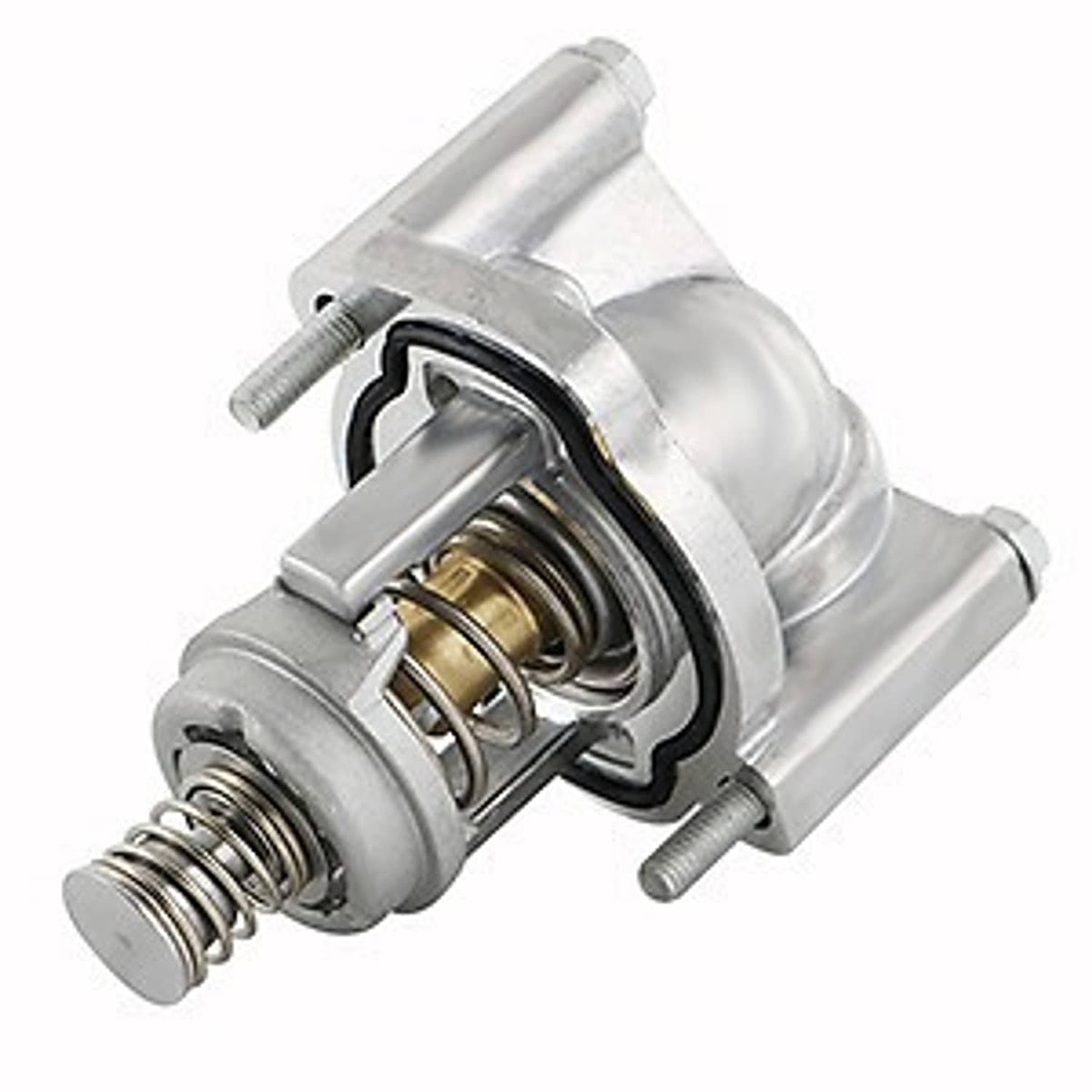 Thermostat housing assembly with spring valve mechanism, silver metal body