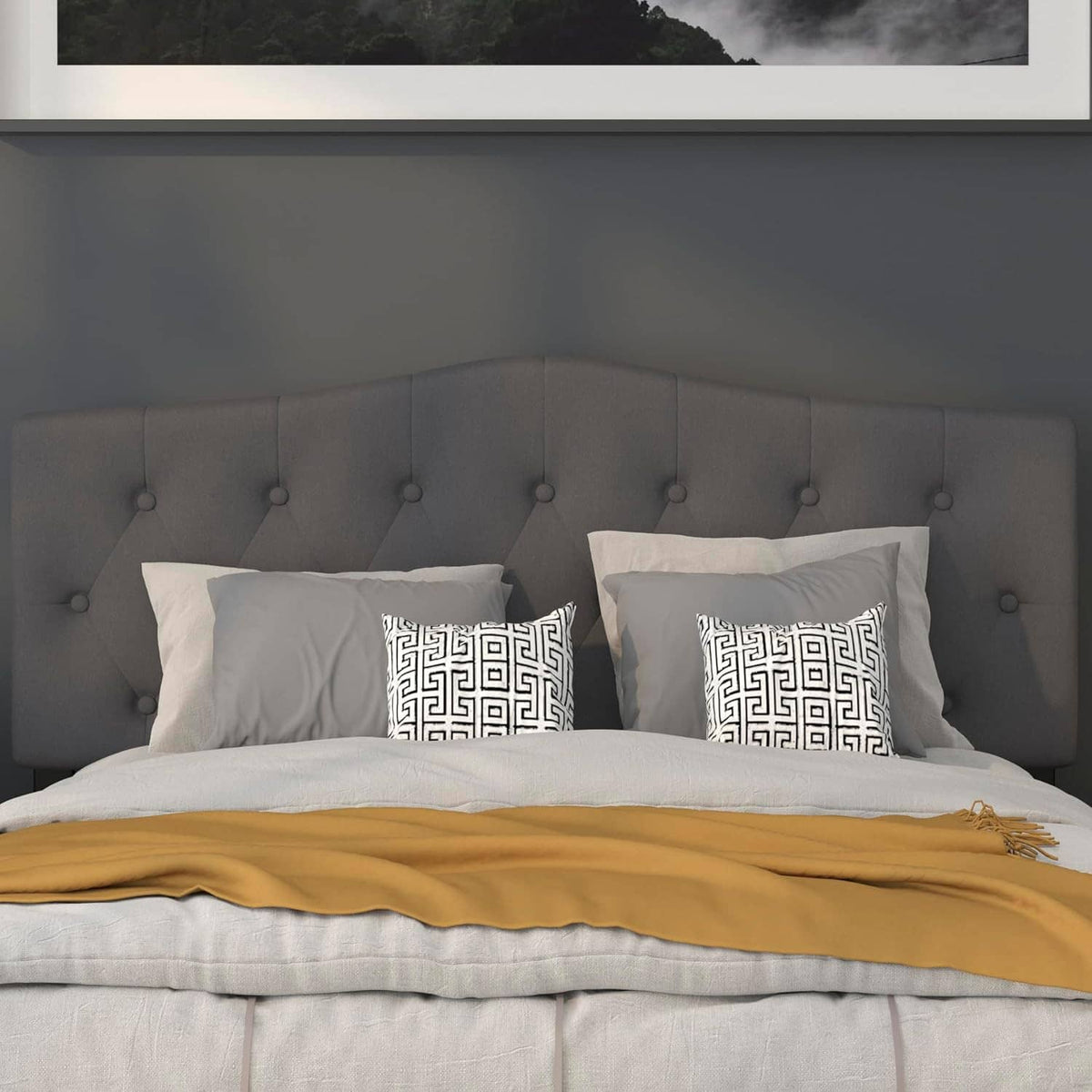 Dark gray queen tufted fabric headboard with button-tufted diamond pattern
