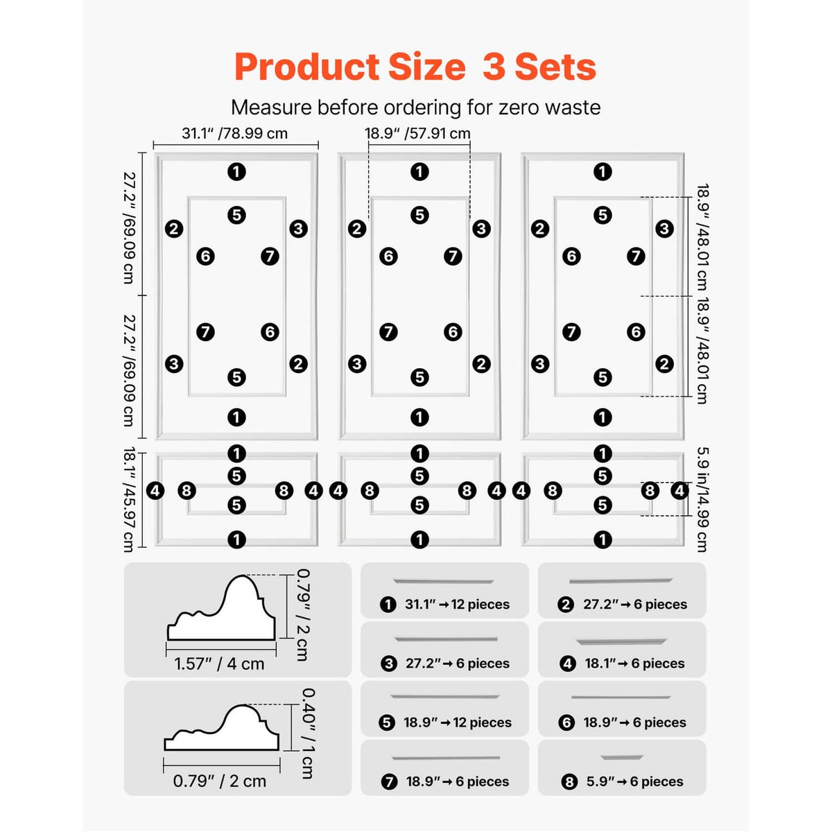 Wall molding kit layout diagram showing three sets of white panel pieces