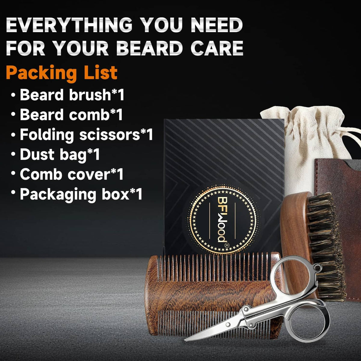 Beard brush and comb kit with folding scissors, dust bag, and packaging box