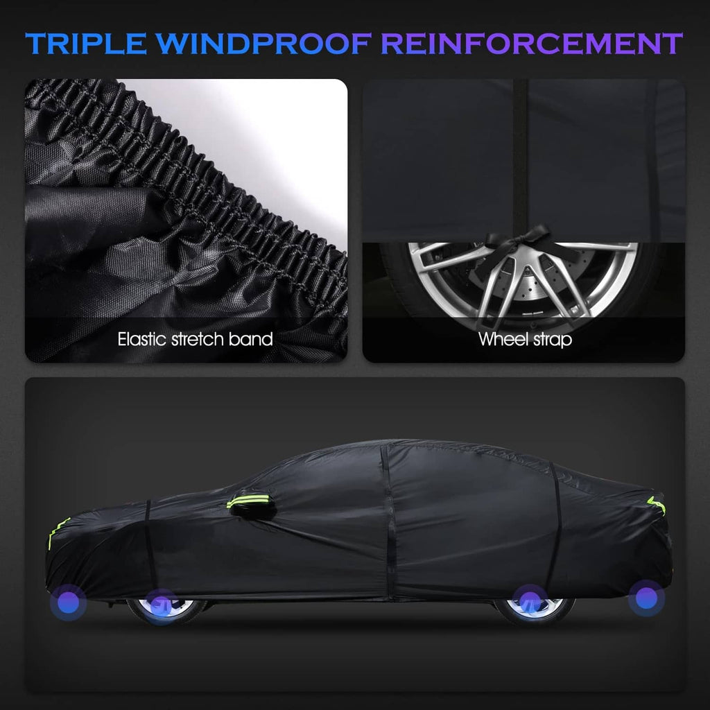 Black car cover with elastic stretch band and wheel strap reinforcement detail