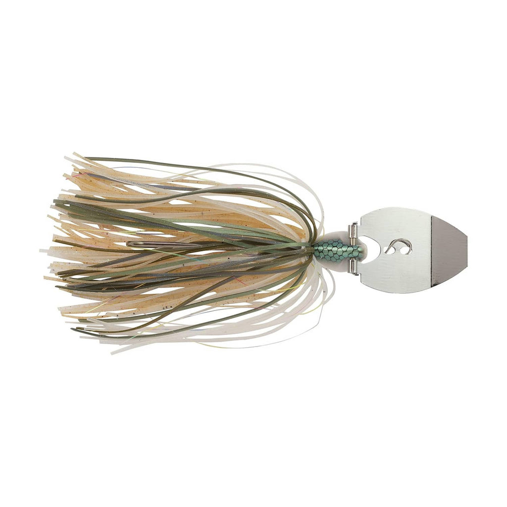 Bladed fishing jig with tan and green skirt, silver blade, swivel clasp, treble hook
