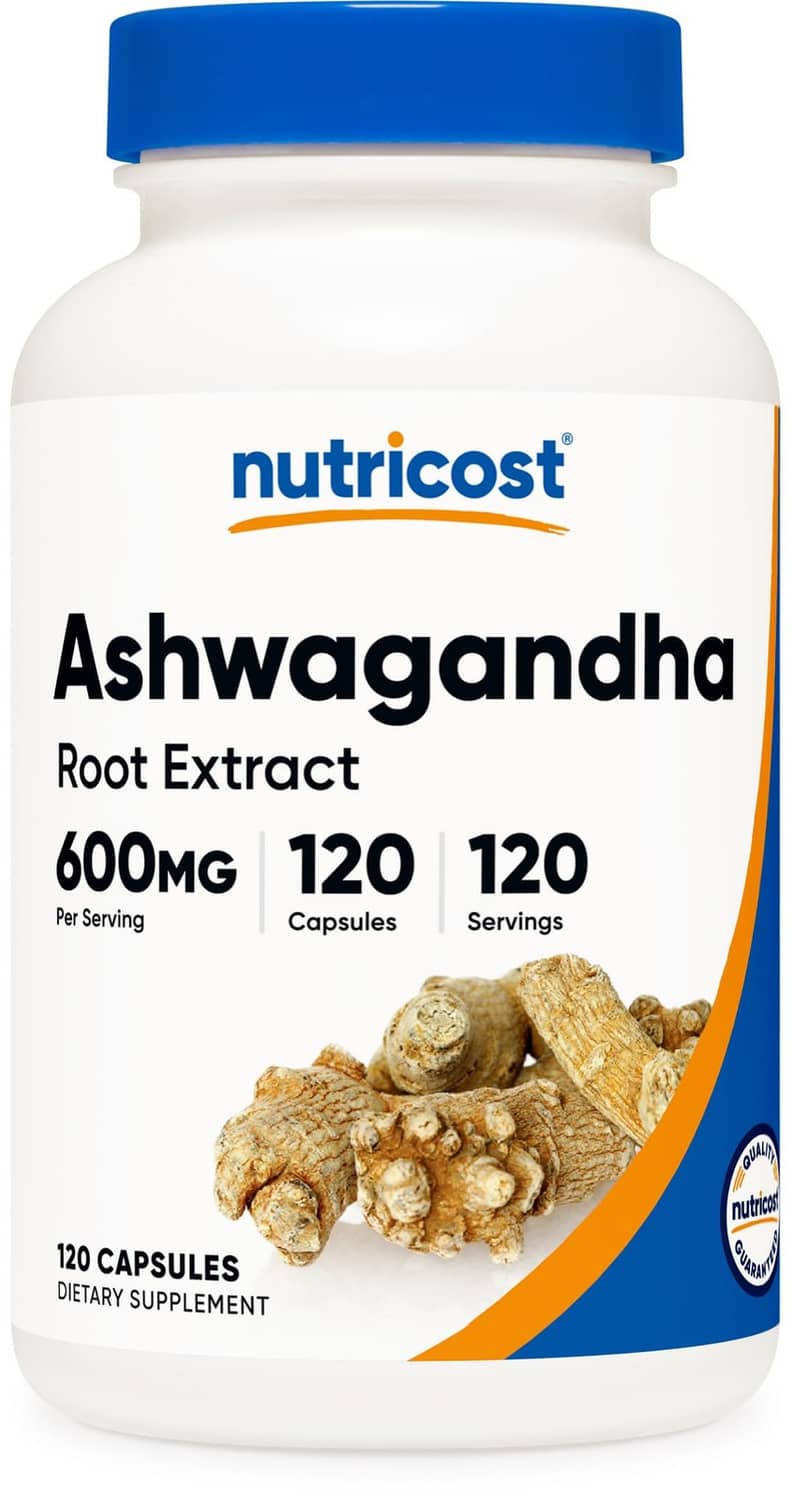 Ashwagandha root extract supplement bottle, 600mg, 120 capsules