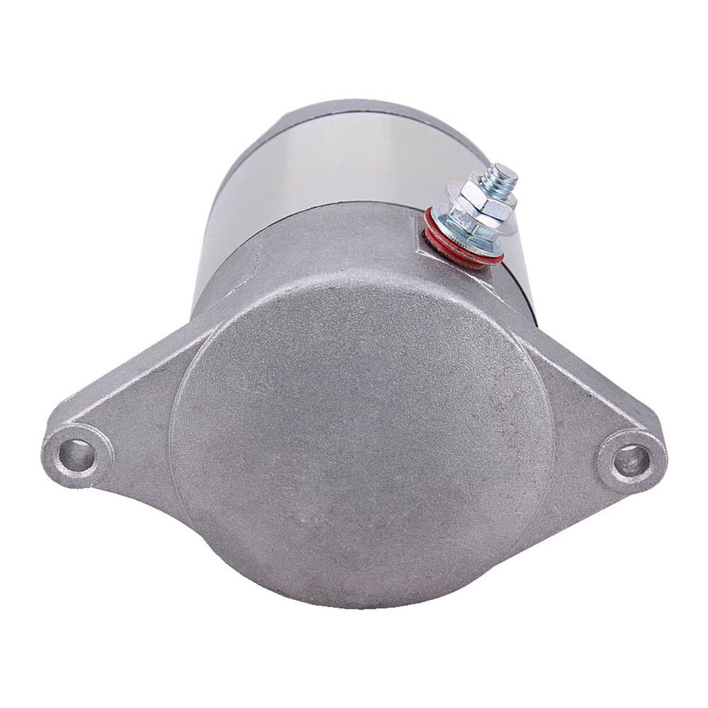 Starter motor assembly front view with circular cap and red/blue terminal on silver body