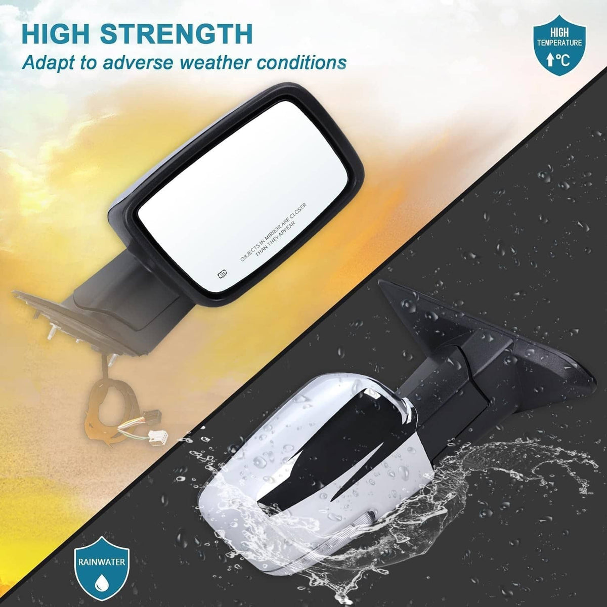 Right heated side mirror with black housing, splash-protected design with droplets