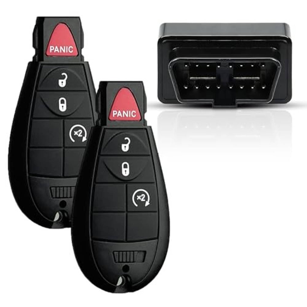Pair of black key fobs with red PANIC button and a separate OBD-style connector module