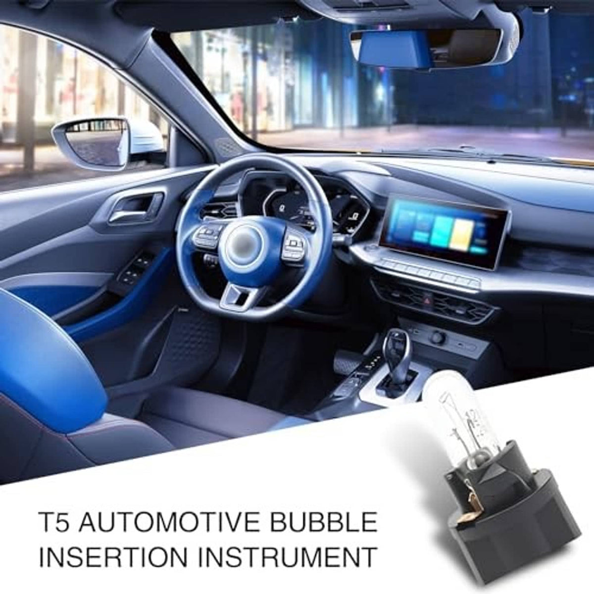 T5 automotive instrument bulb near car interior center console, clear glass lamp and black base