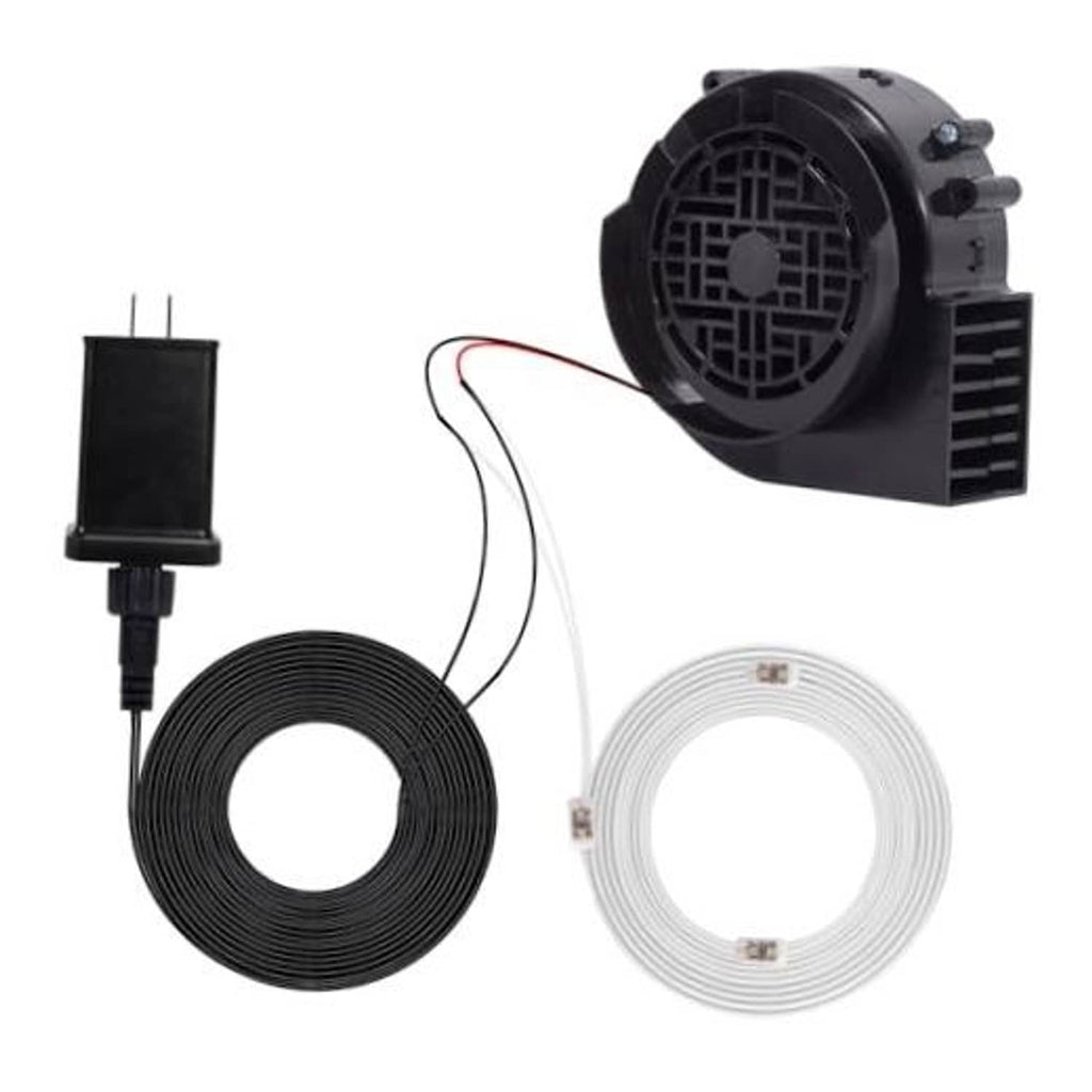 12V mini inflatable air blower with black and white coiled tubes and power adapter