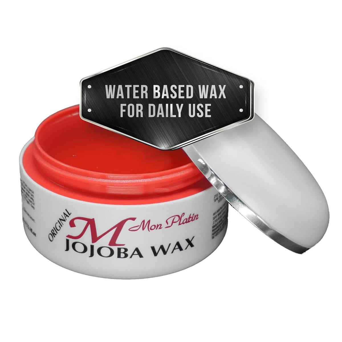 Hair wax jar with red lid and scoop; black label says water based wax daily use