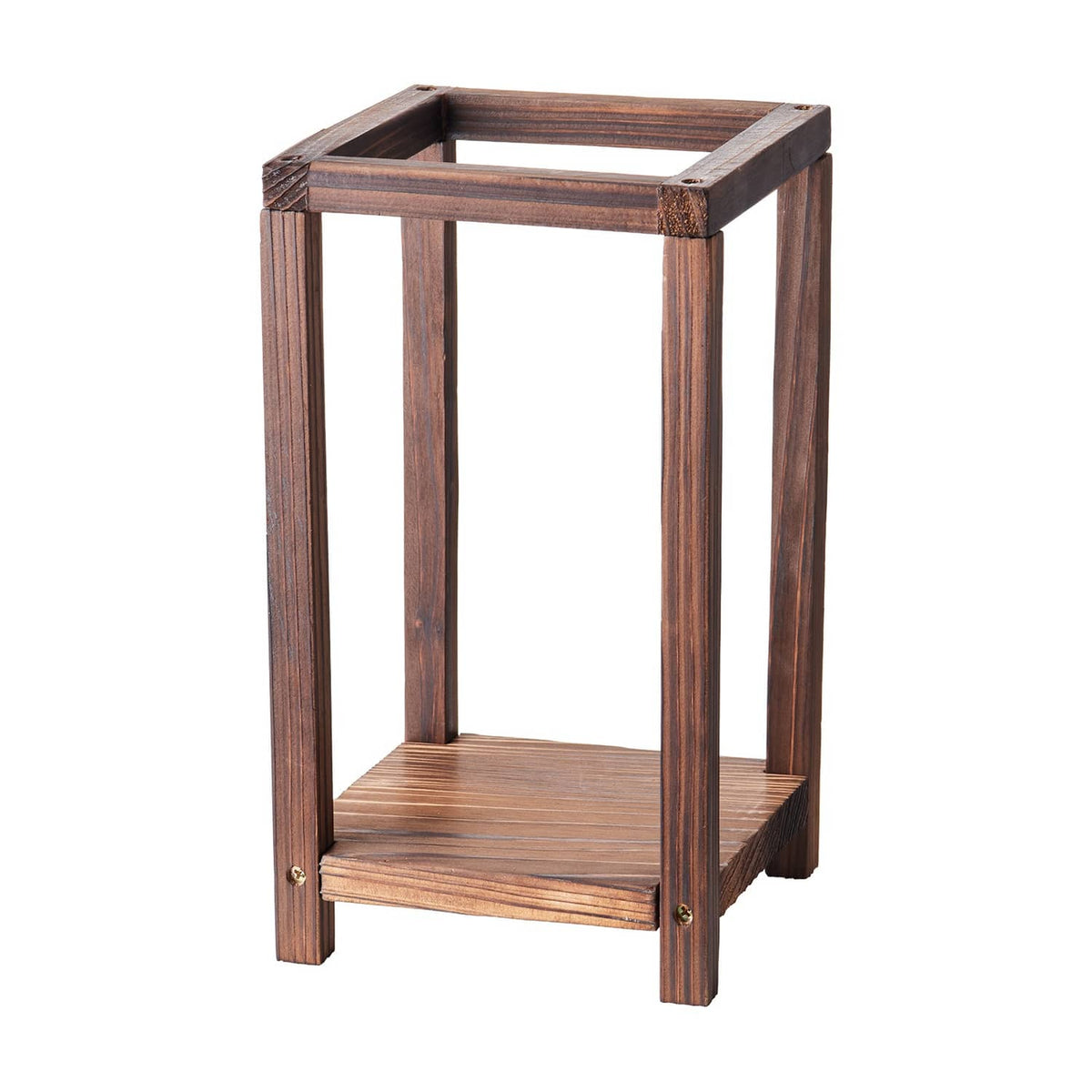 Brown wooden candle lantern with open top frame and bottom shelf, freestanding