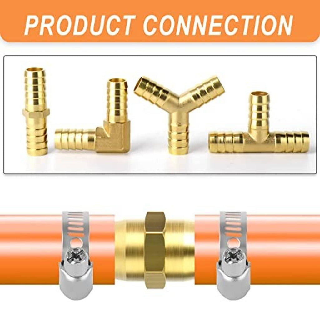 Brass hose barb connector set showing multiple angled and straight pieces with open barbs