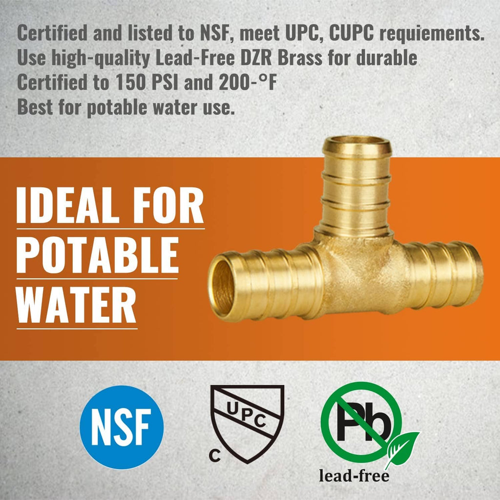 Brass PEX tee fitting with lead-free certification icons, ideal for potable water use