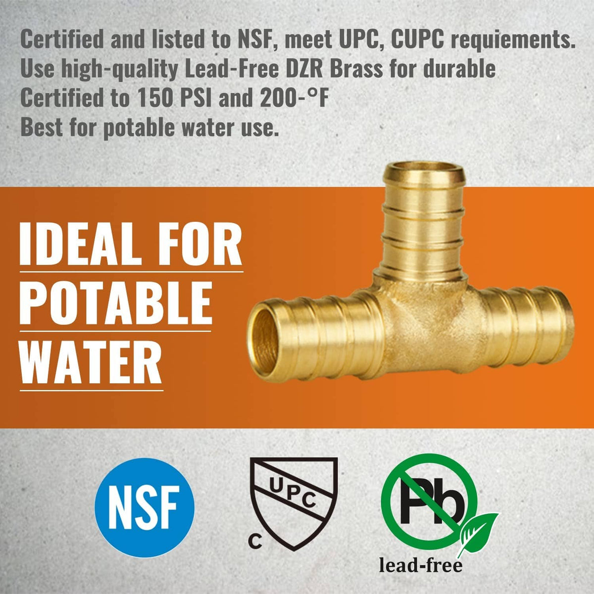 Brass PEX tee fitting with lead-free certification icons, ideal for potable water use