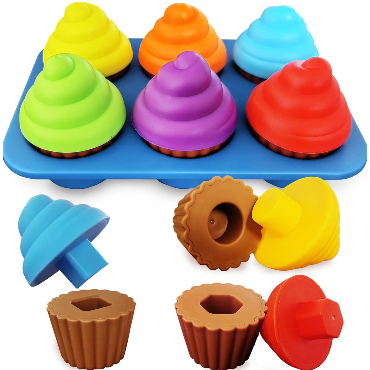 Rainbow cupcake shape learning toy set on blue tray with colorful stacked pieces