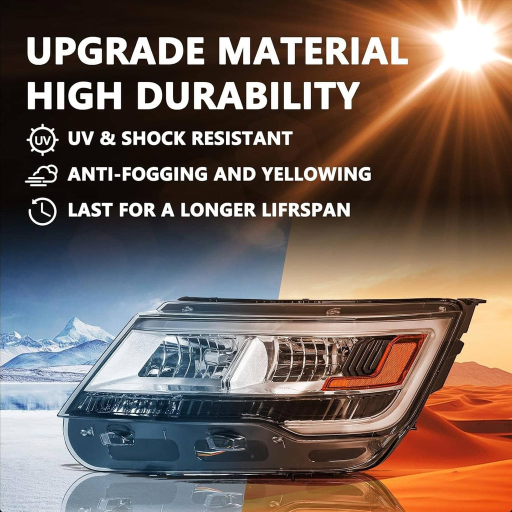 Driver-side headlight assembly with high-durability lens and chrome trim