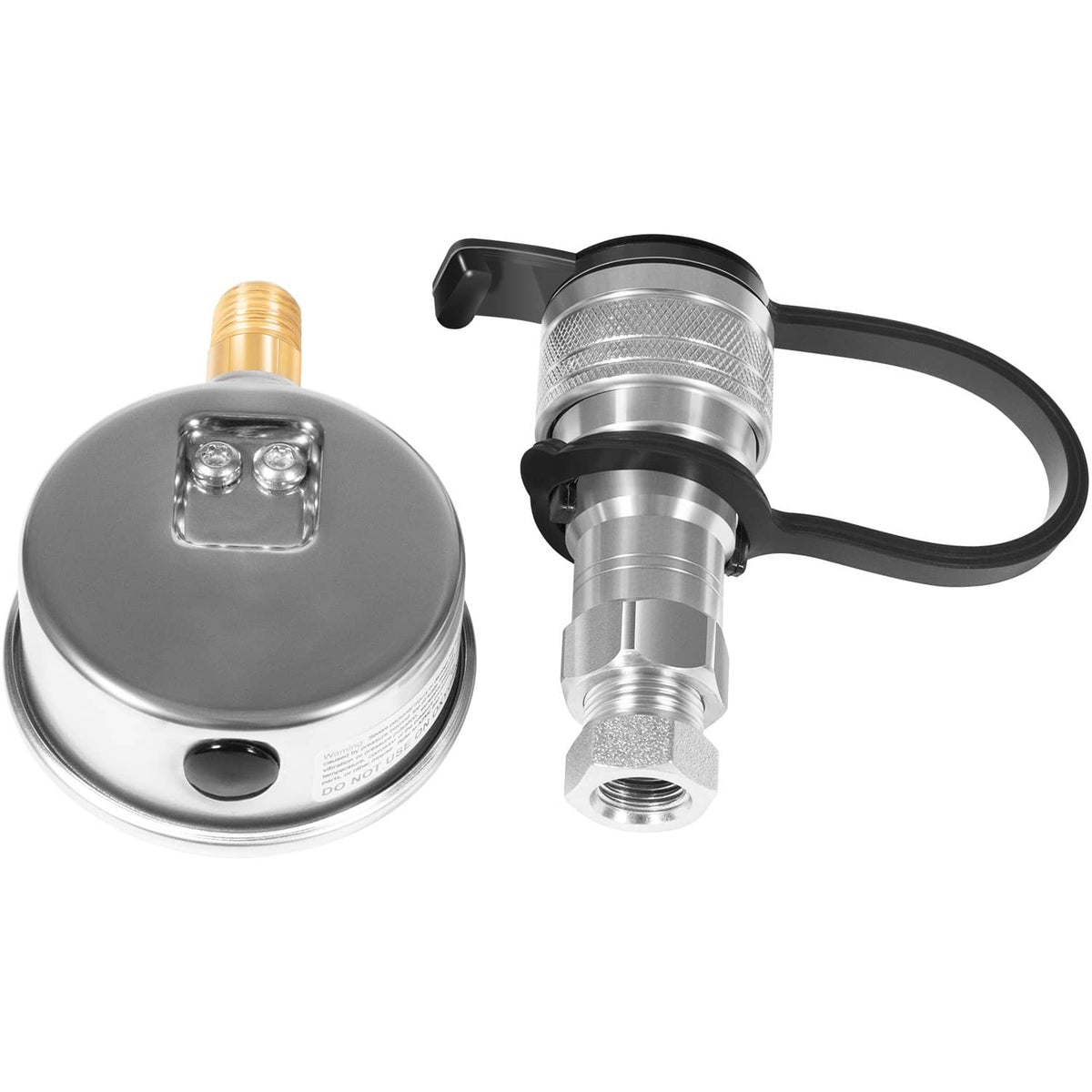 Hydraulic pressure gauge kit with metal fittings and circular cap with black hose