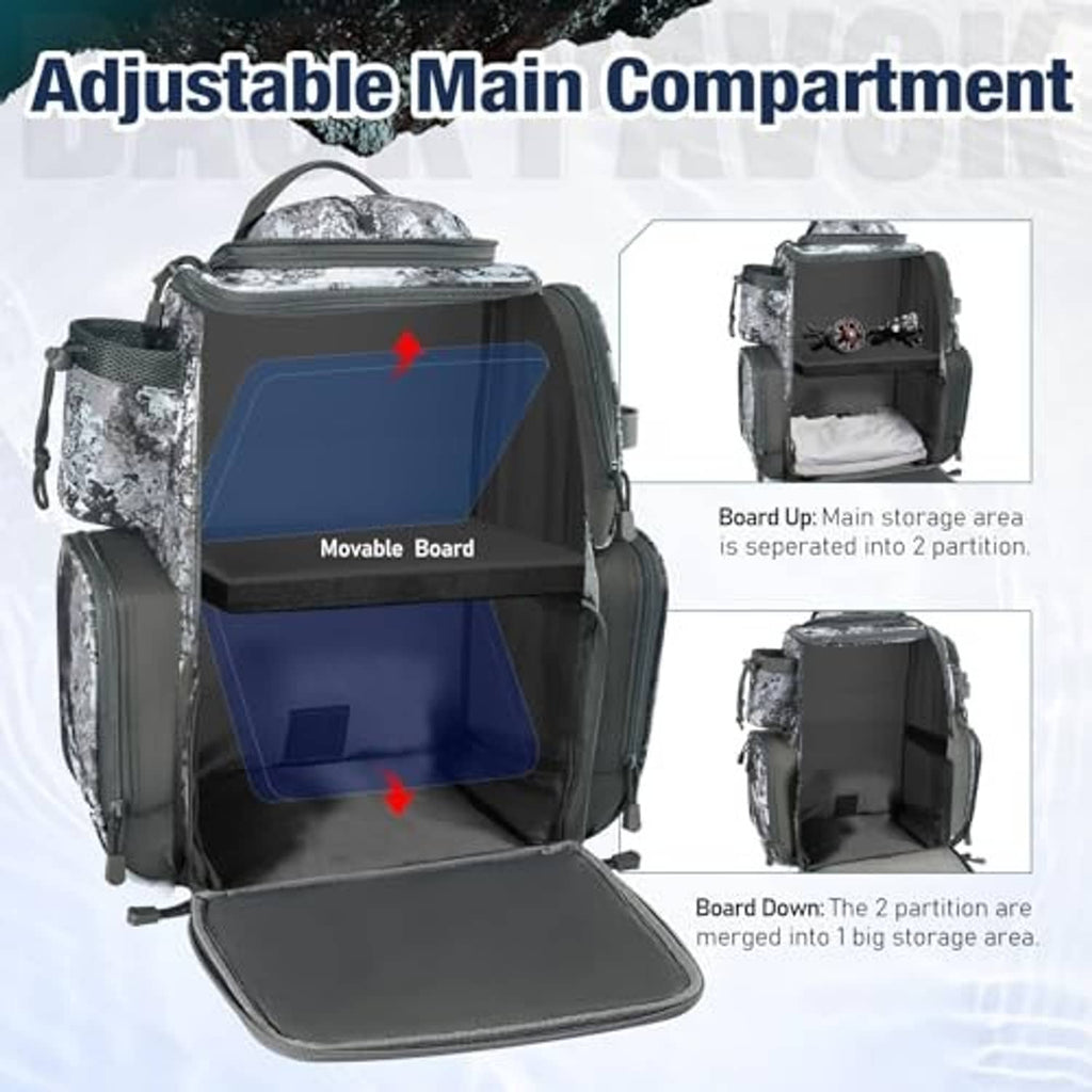 Gray camouflage fishing backpack with adjustable main compartment and movable divider board