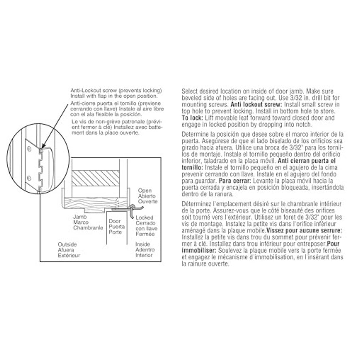 Privacy door lock installation diagram with exterior, jamb, and locked/latch parts