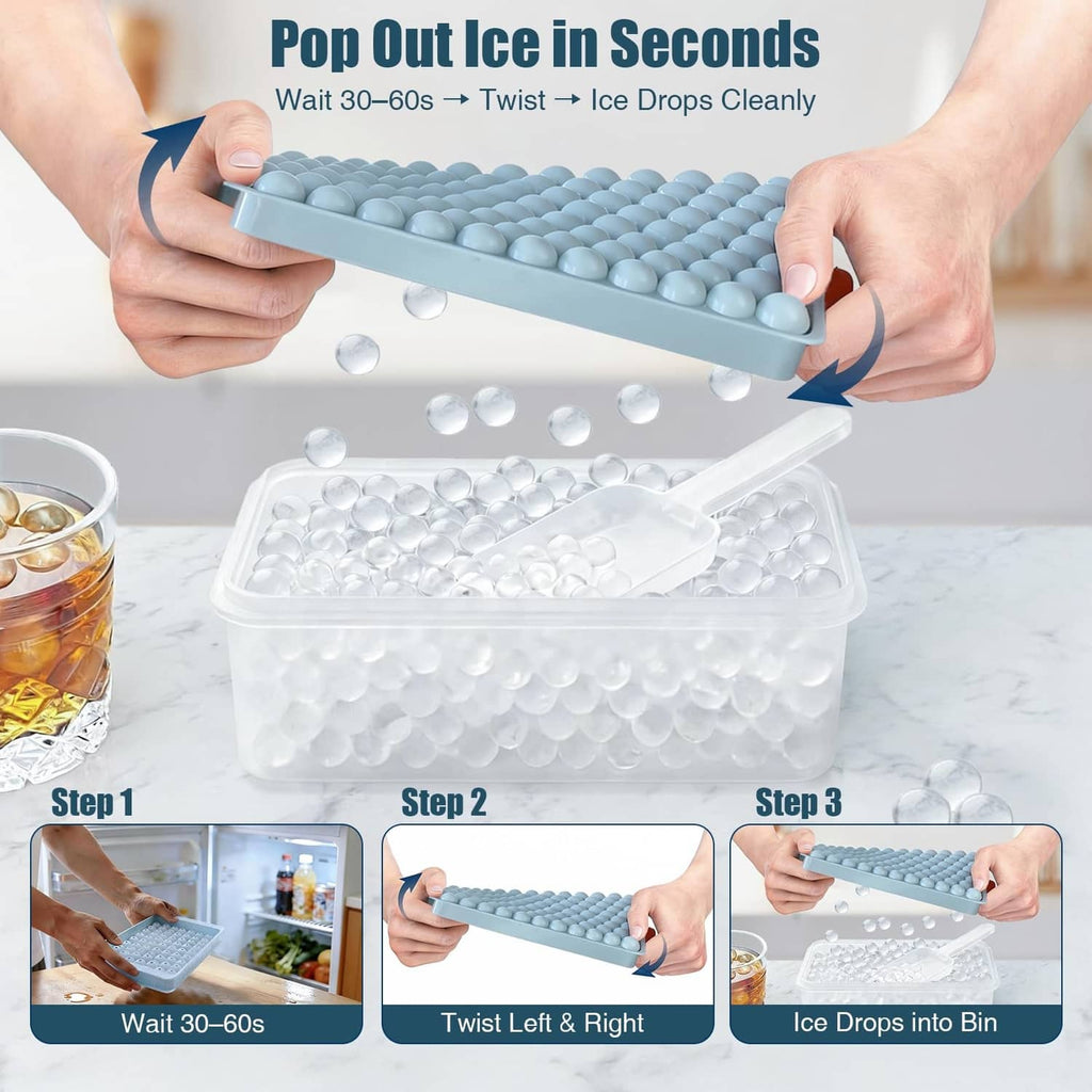Blue mini pebble ice tray held by hands over clear storage bin