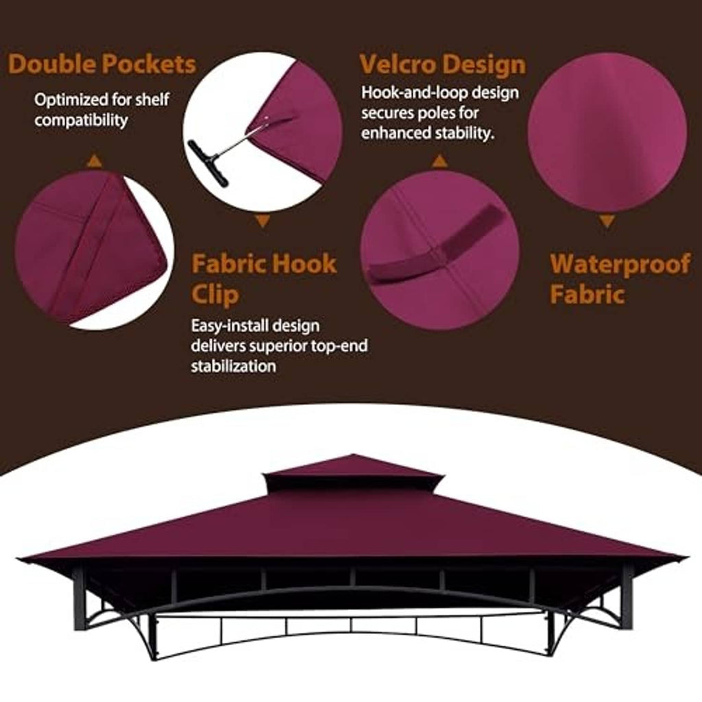 Burgundy canopy fabric with hook-and-loop clip, double pockets, and waterproof design