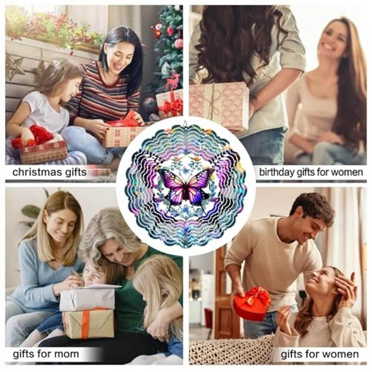 Circular butterfly wind spinner with multicolor reflective layers, hanging chain