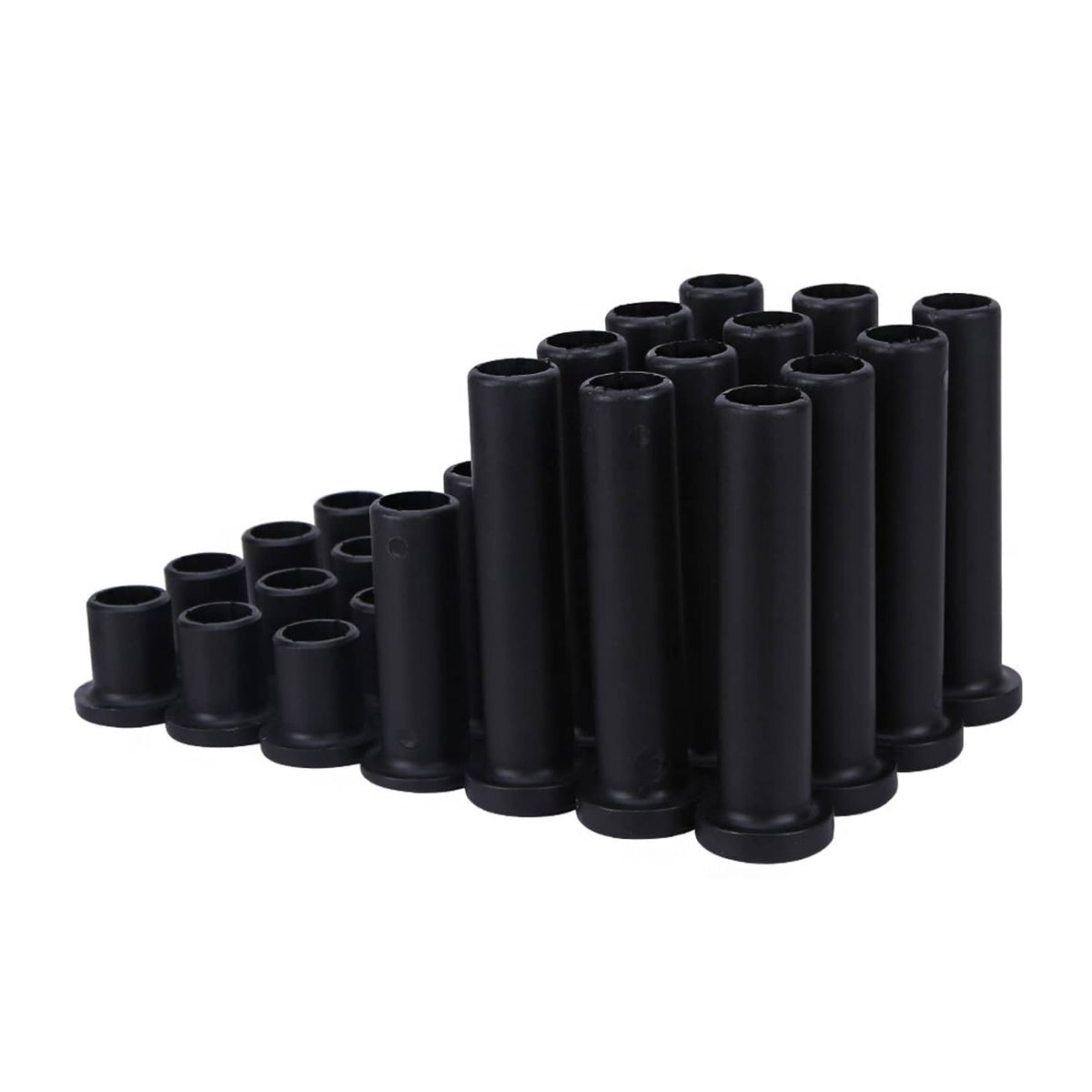 Black A-arm bushing set with stacked cylindrical sleeves and flat flanges