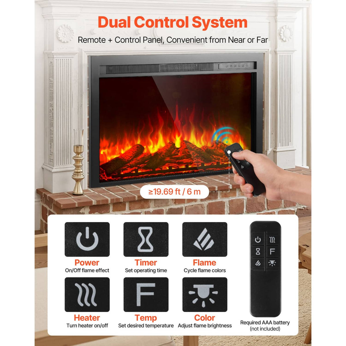 Electric fireplace insert with remote control for power, timer, heat, temperature, and flame color