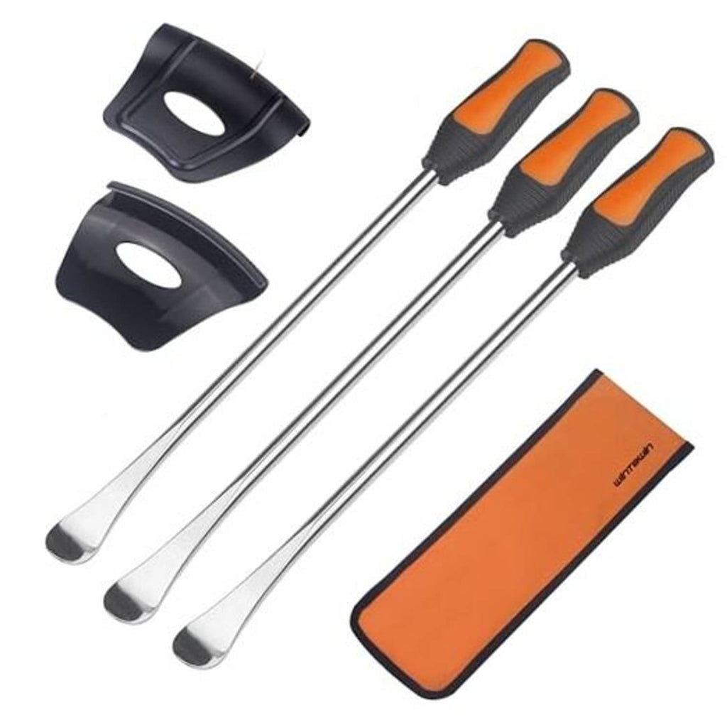 Tire changing spoon tool kit with steel levers, orange/black grips, and rim protectors
