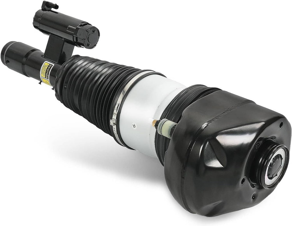 Air suspension strut assembly with black bellows, silver sleeve, and mounting bracket