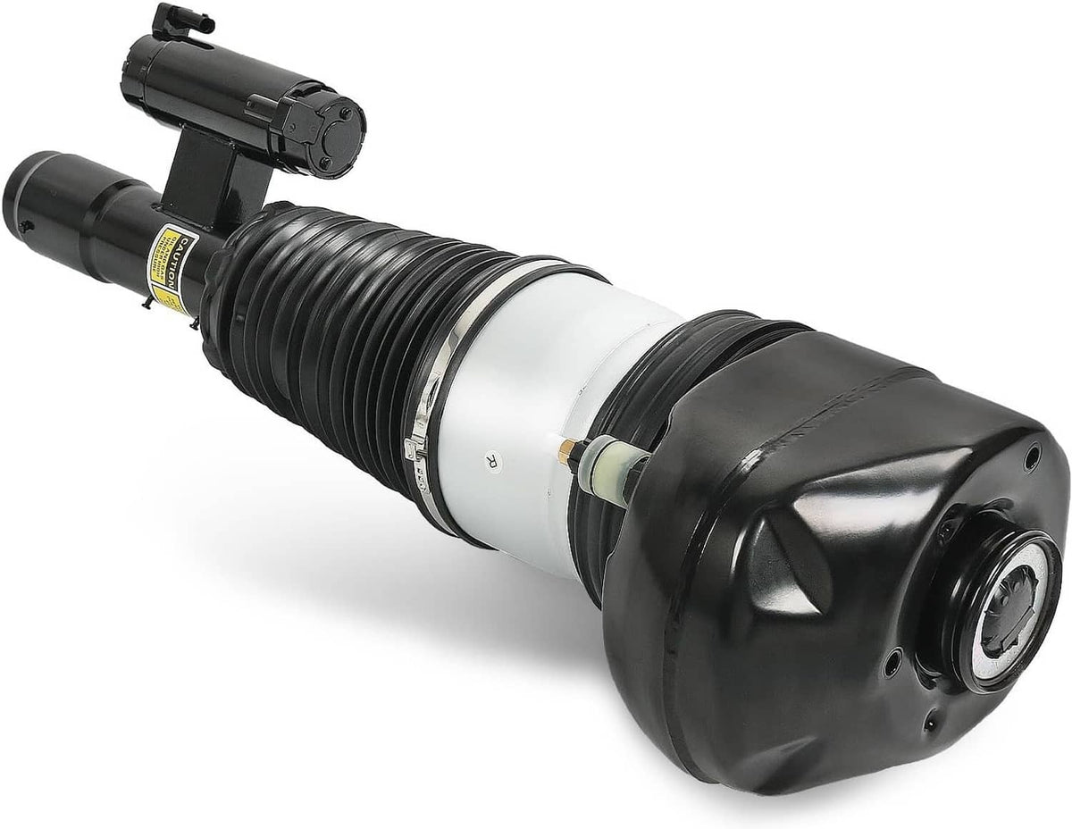Air suspension strut assembly with black bellows, silver sleeve, and mounting bracket