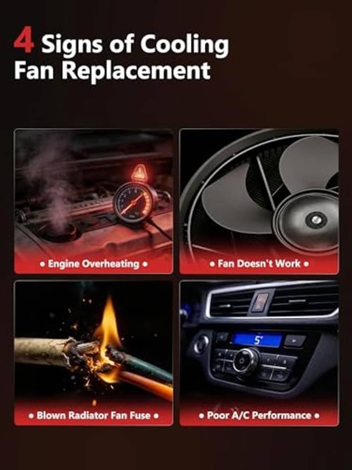 Cooling fan replacement signs: engine overheating, fan not working, blown fuse, poor A/C