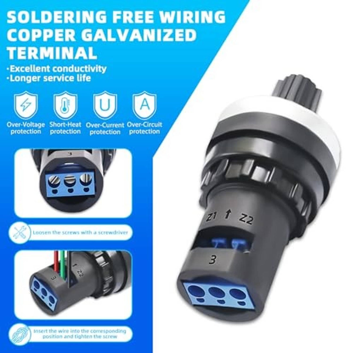 Rotary variable speed potentiometer with ribbed knob and blue screw terminal block