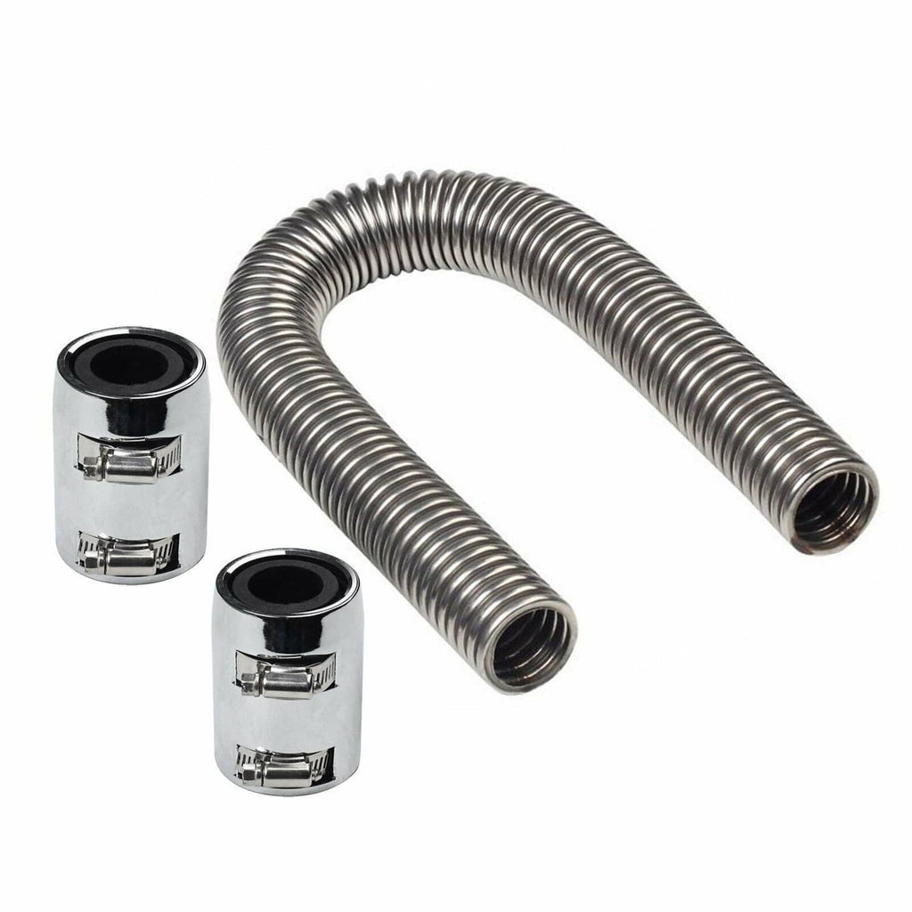 Stainless steel corrugated radiator hose with two chrome caps and black rubber sealing rings