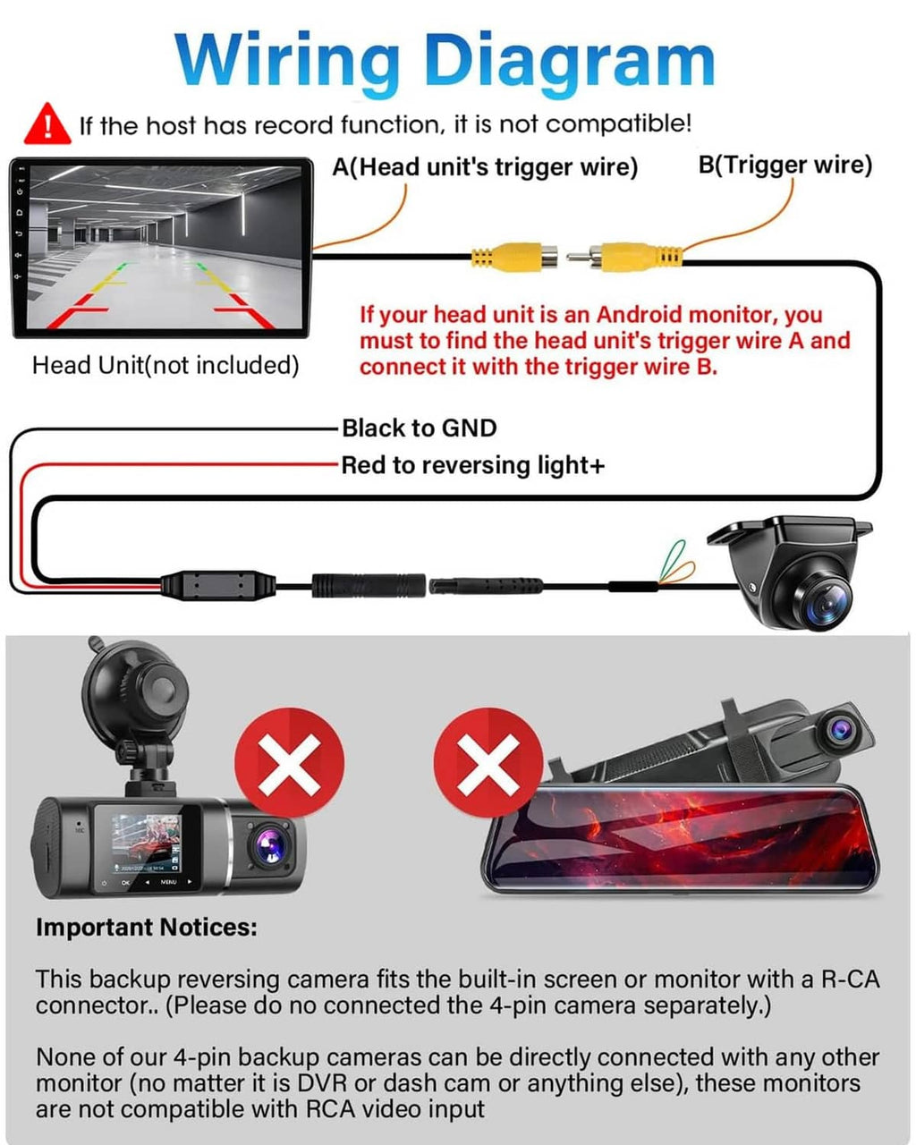Backup camera wiring diagram showing trigger wire and power connection setup