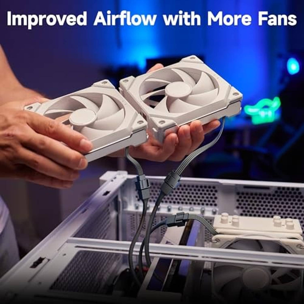 4-pin PWM fan extension cable routed to PC case fans with black 4-pin connectors