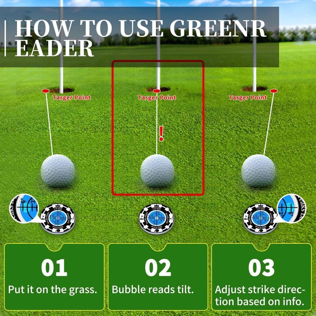 Golf bubble ball marker readers with blue level dials, shown in use