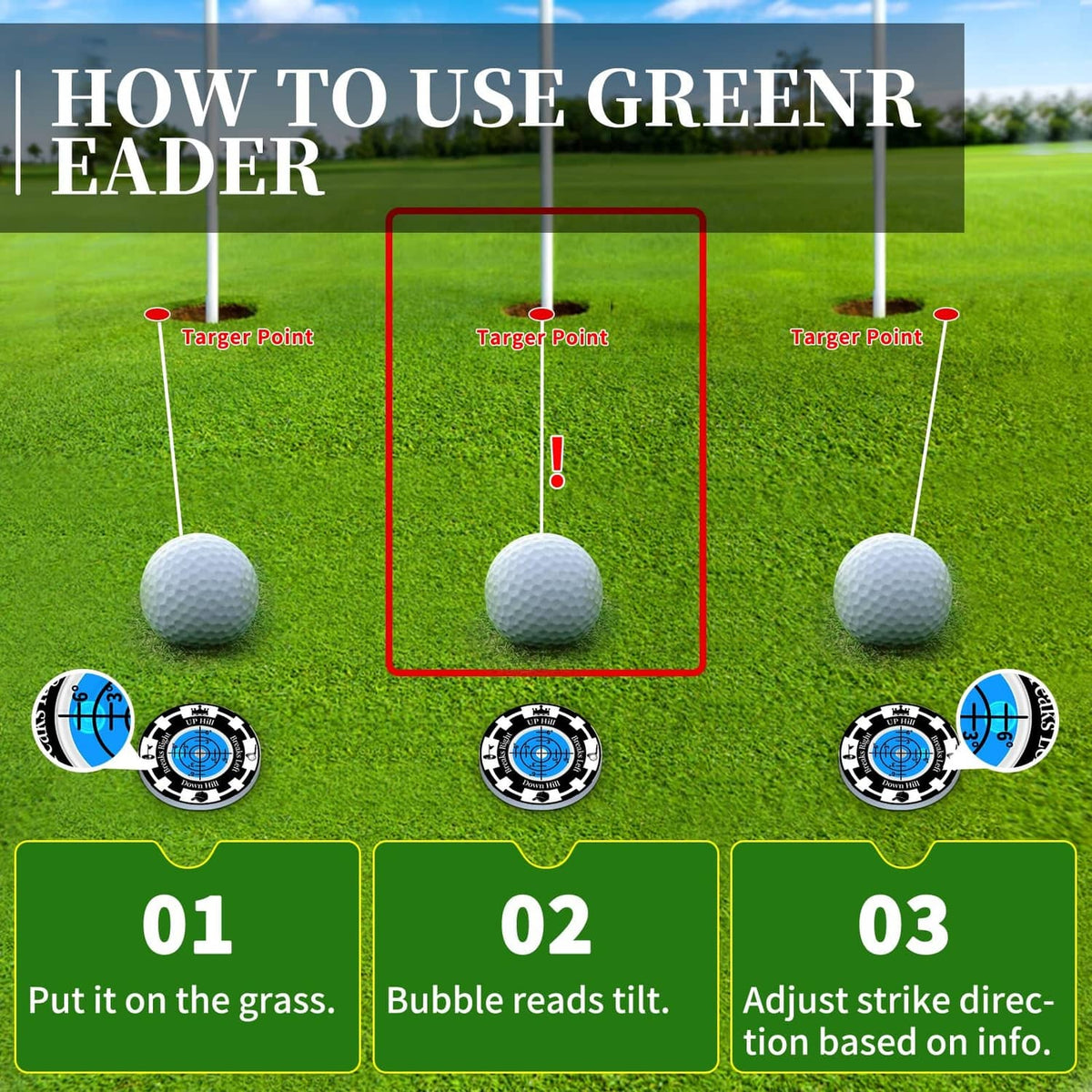 Golf bubble ball marker readers with blue level dials, shown in use